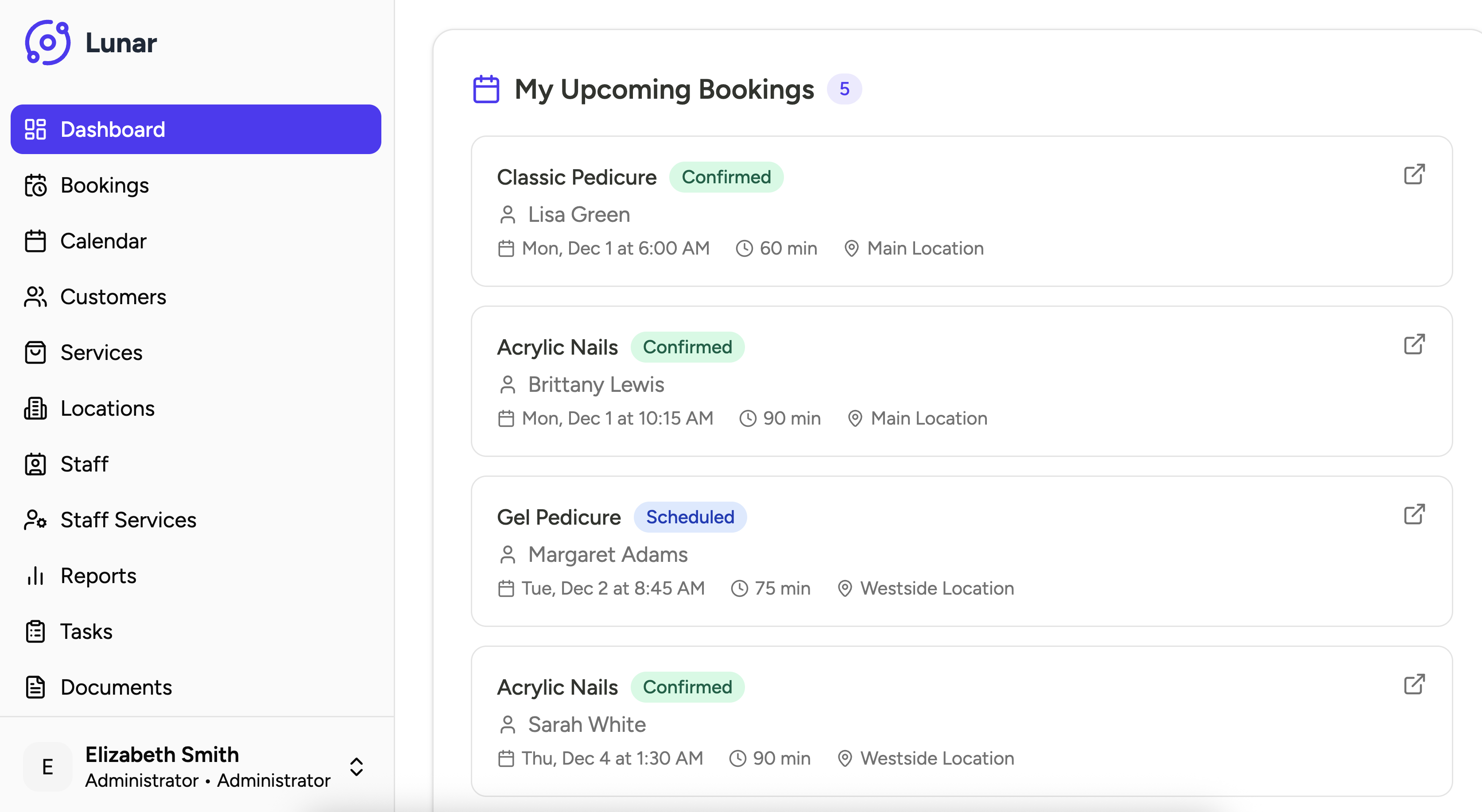 Lunar booking dashboard